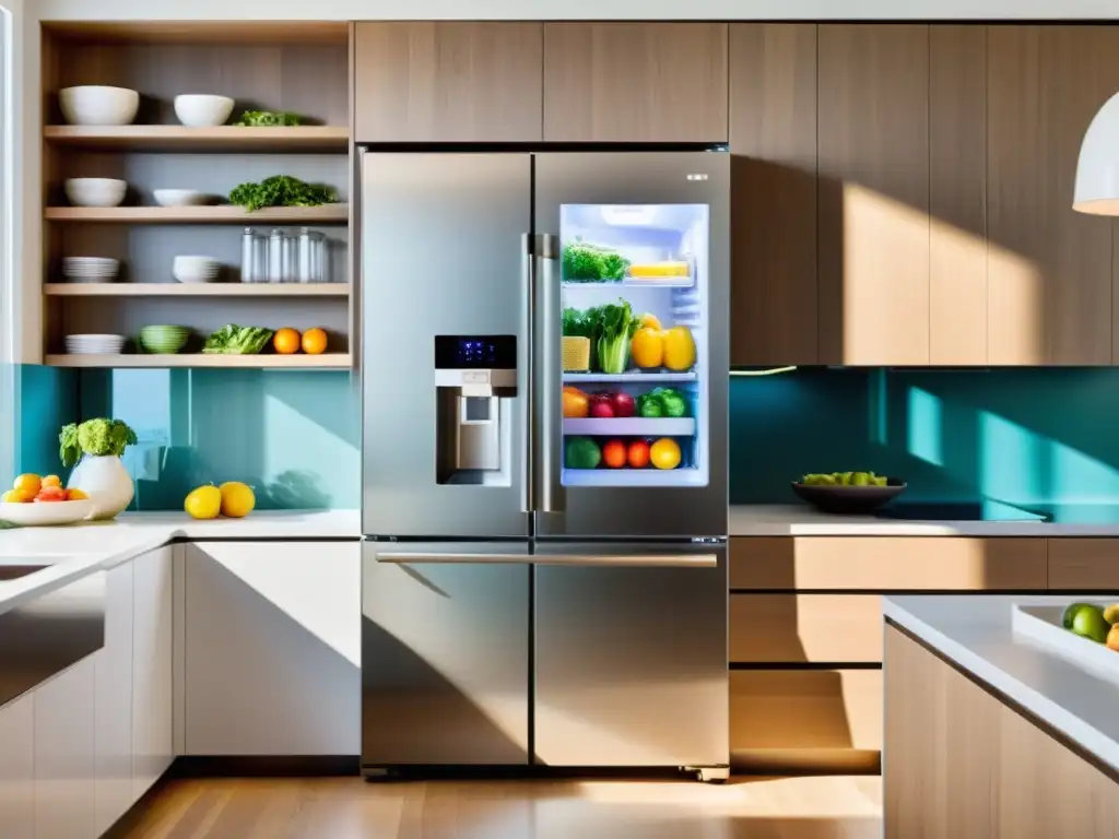 Refrigerador inteligente en cocina moderna de alta tecnología, con pantalla táctil y alimentos frescos