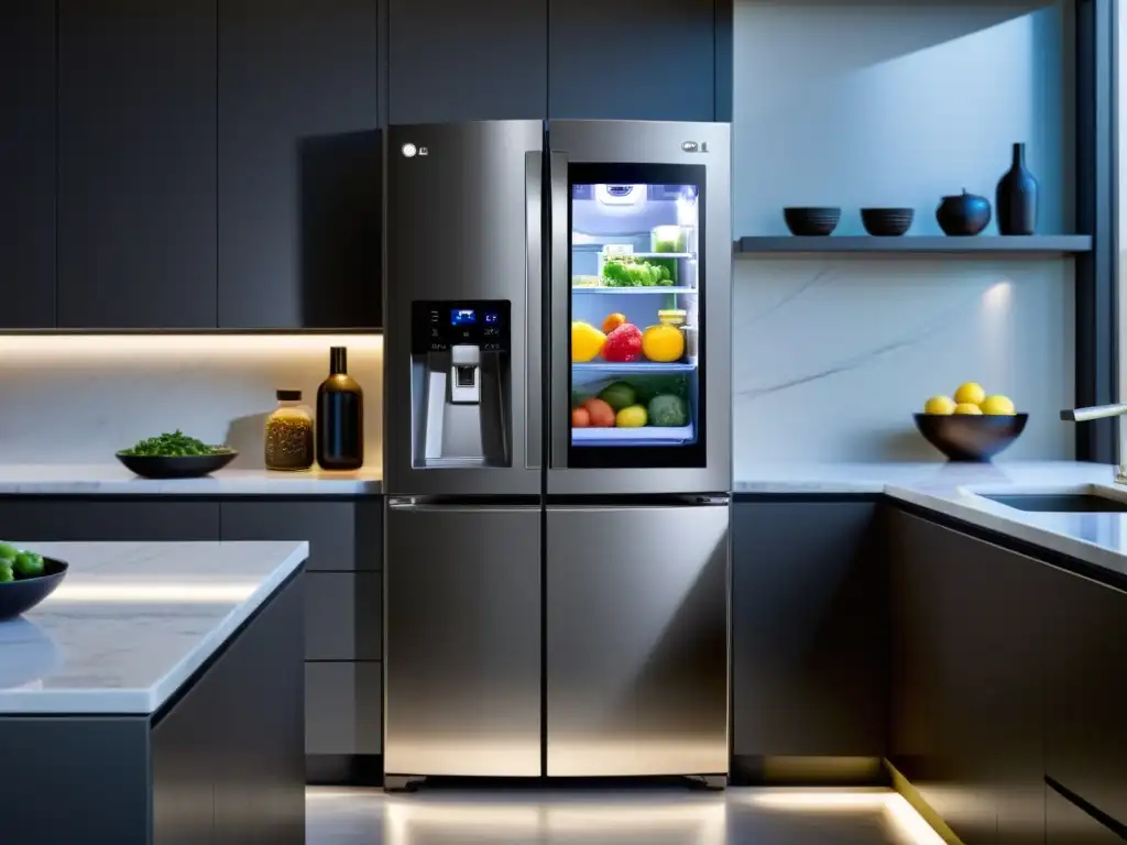 Un refrigerador inteligente LG Smart InstaView en una cocina moderna y espaciosa, con iluminación LED cálida