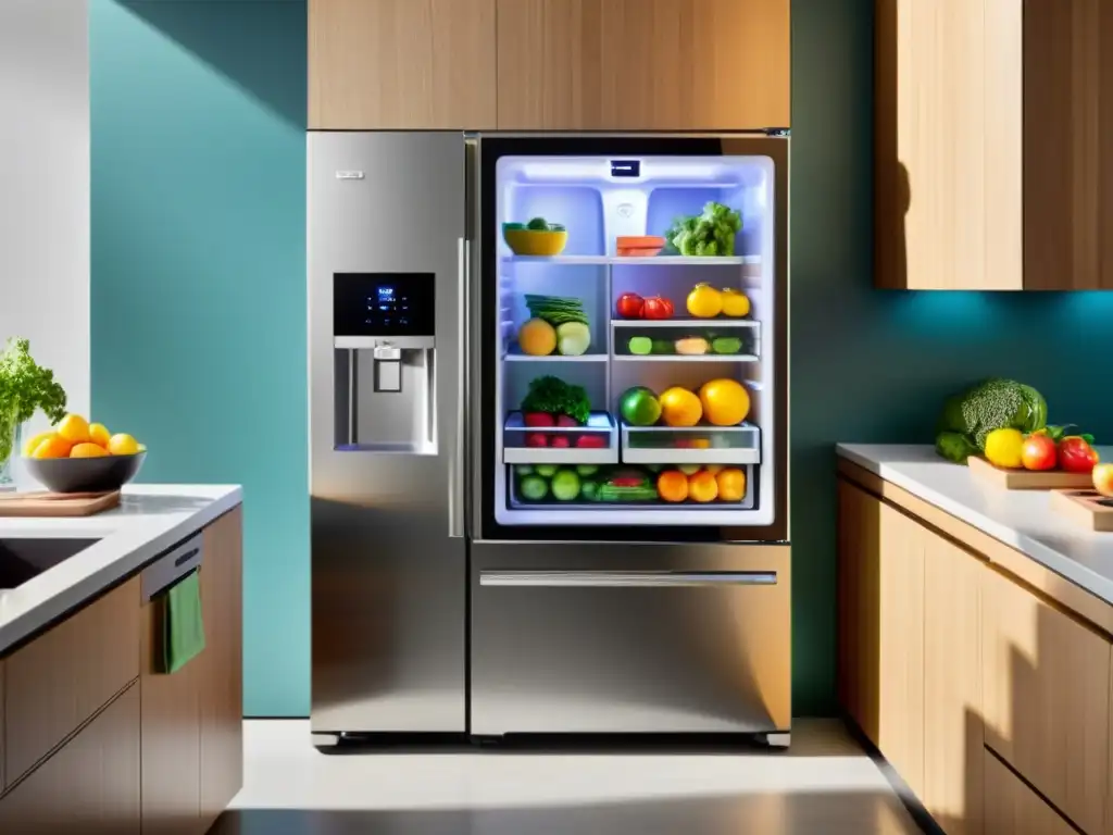 Refrigerador inteligente en cocina moderna, pantalla táctil, productos coloridos