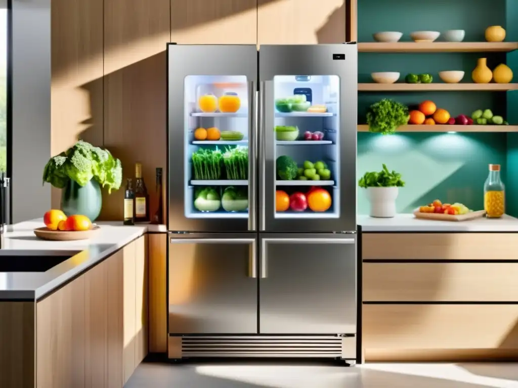 Un refrigerador inteligente con diseño moderno y elegante, exhibiendo una interfaz digital vibrante y funciones inteligentes