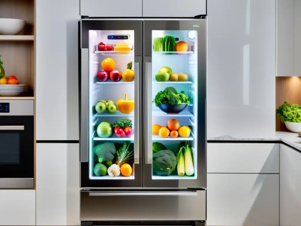 Refrigerador inteligente con frutas y verduras, iluminado por LED