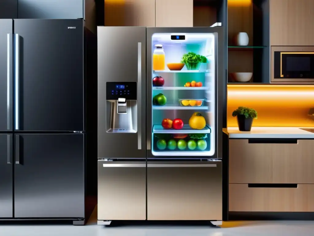 Refrigerador inteligente futurista con innovaciones electrodomésticos tecnología hogar en cocina moderna y minimalista