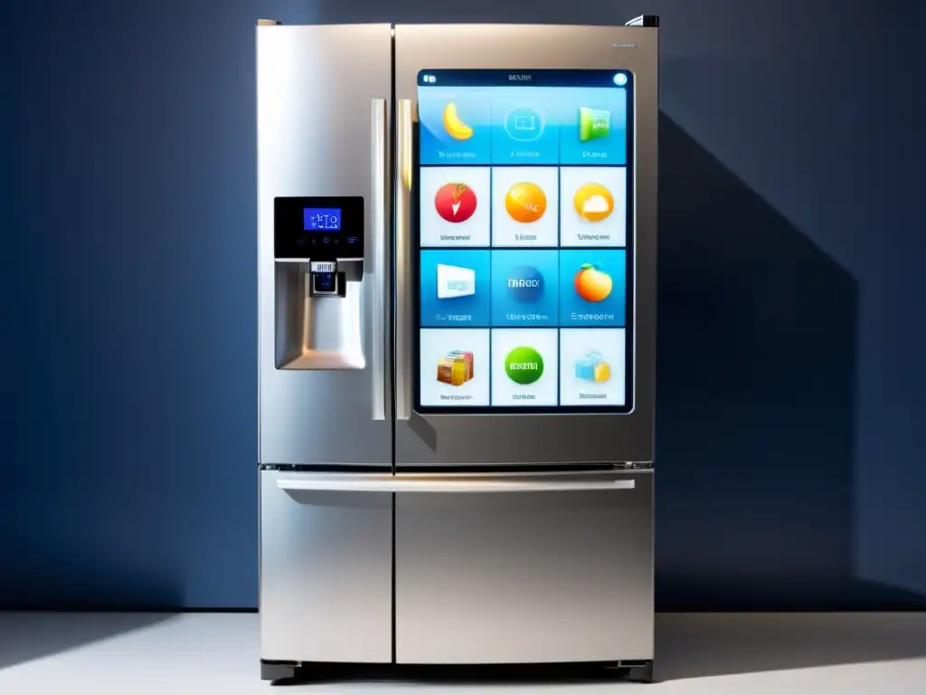 Refrigerador inteligente futurista con pantalla táctil transparente, mostrando actualizaciones de software para electrodomésticos