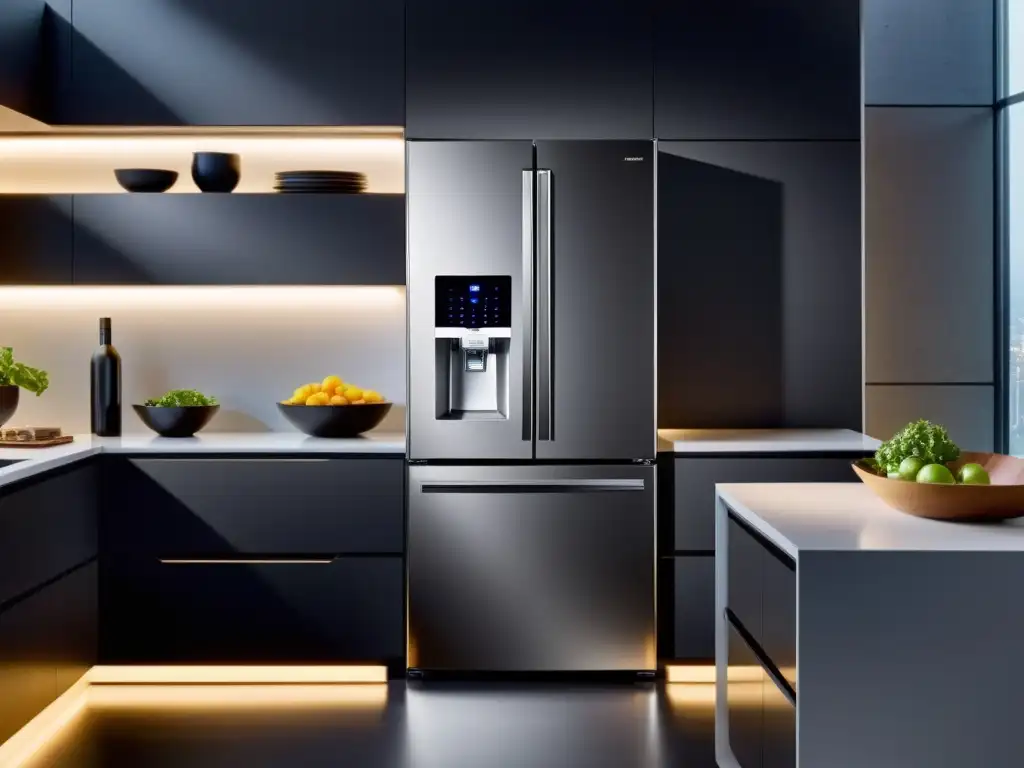 Refrigerador inteligente con IA para el hogar en una cocina futurista y elegante, destacando tecnología avanzada y funcionalidad