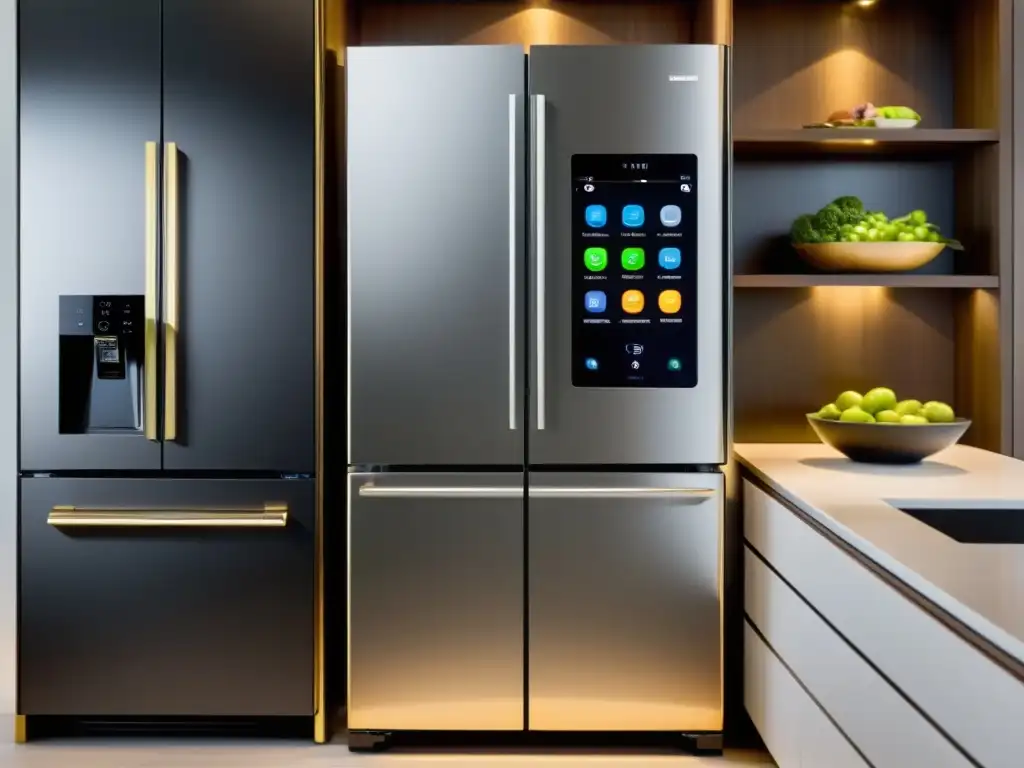 Un refrigerador inteligente integrado en una cocina moderna y elegante, con pantalla táctil y funciones inteligentes