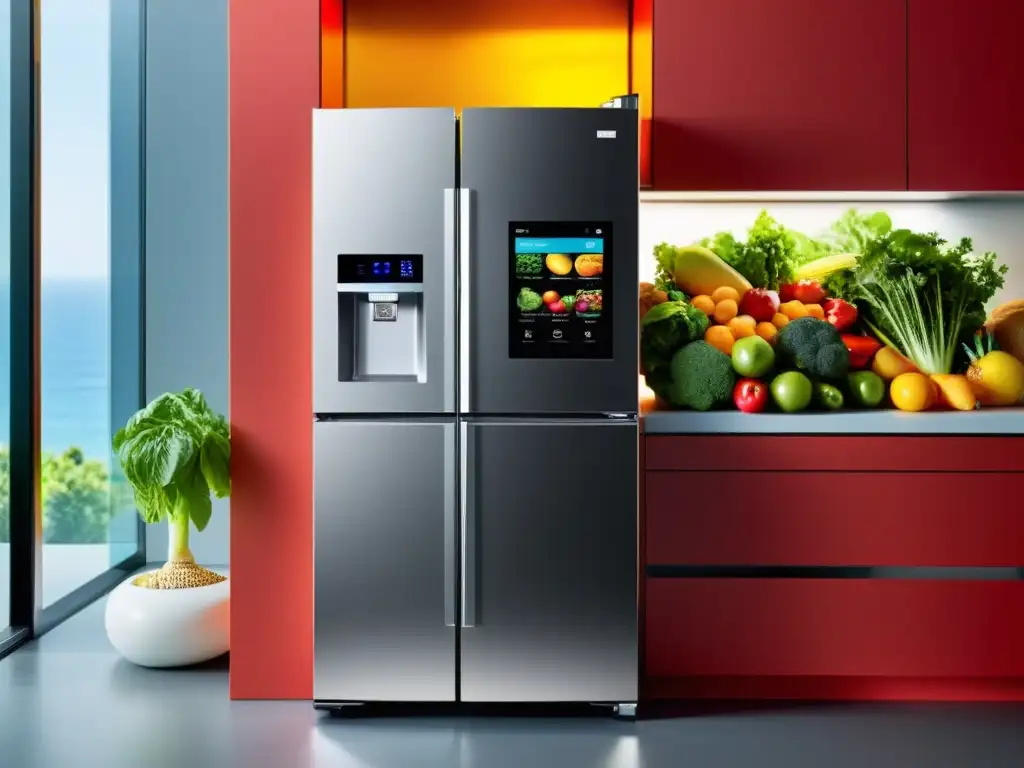 Un refrigerador inteligente y moderno con frutas y verduras frescas organizadas en compartimentos espaciosos, iluminadas por LED