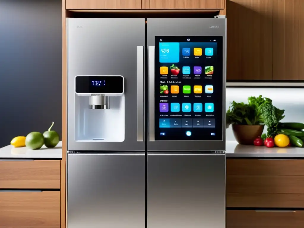 Un refrigerador inteligente y moderno con pantalla táctil y comando de voz, integrado en una cocina elegante con diseño minimalista