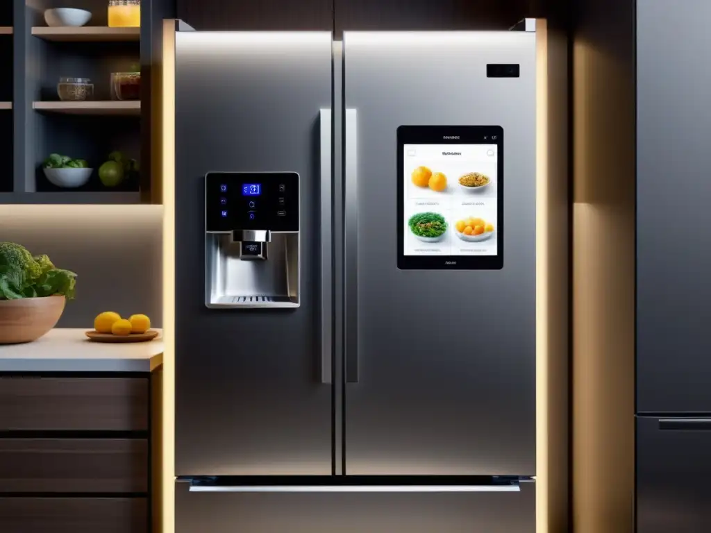 Refrigerador inteligente con pantalla táctil transparente integrado en una cocina moderna y minimalista, mostrando funcionalidades de aplicaciones