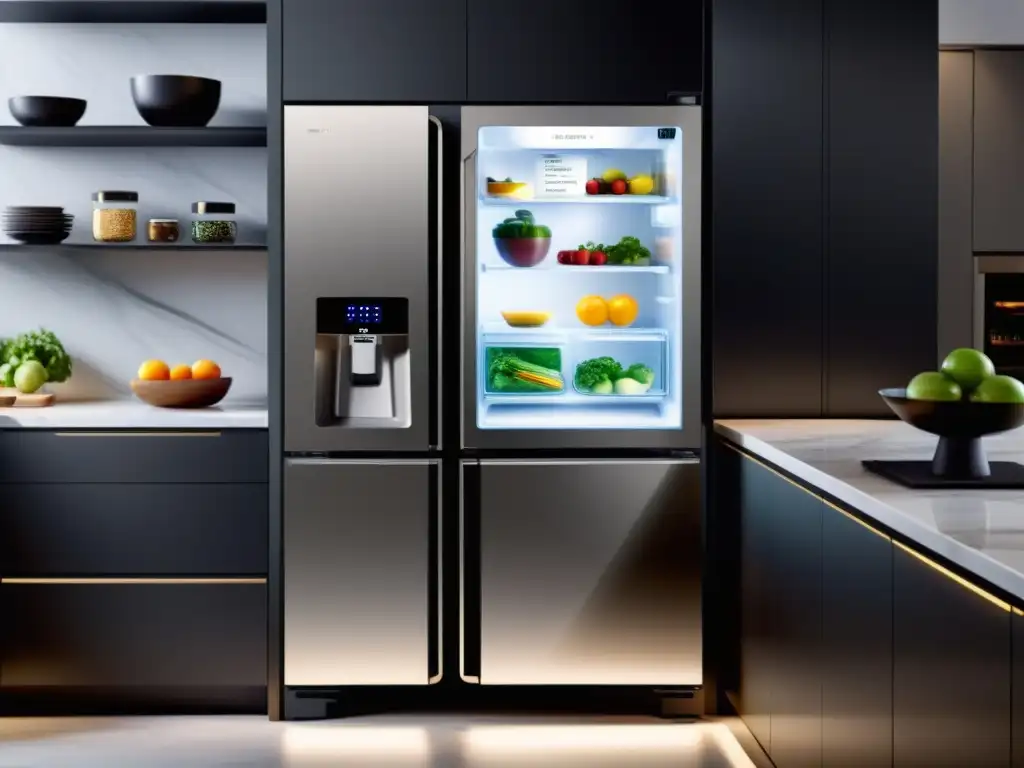 Refrigerador inteligente con pantalla táctil transparente, mostrando plan de comidas personalizado y lista de compras