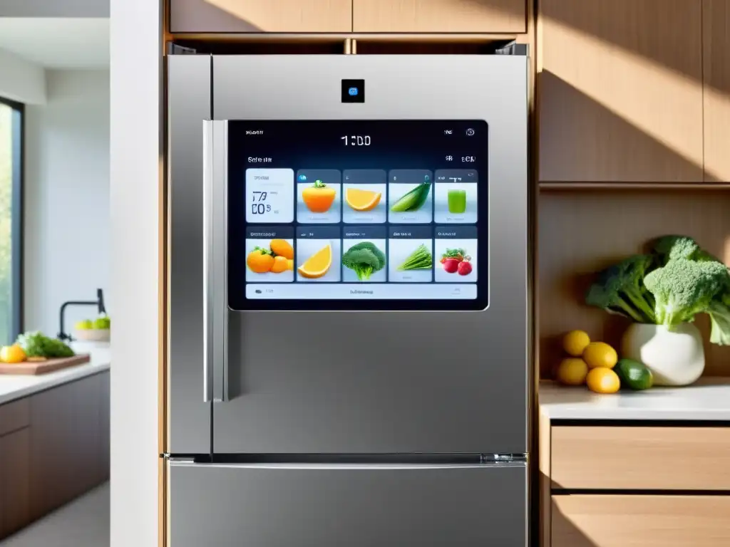 Un refrigerador inteligente con pantalla táctil integrada, iluminación LED suave y productos frescos organizados