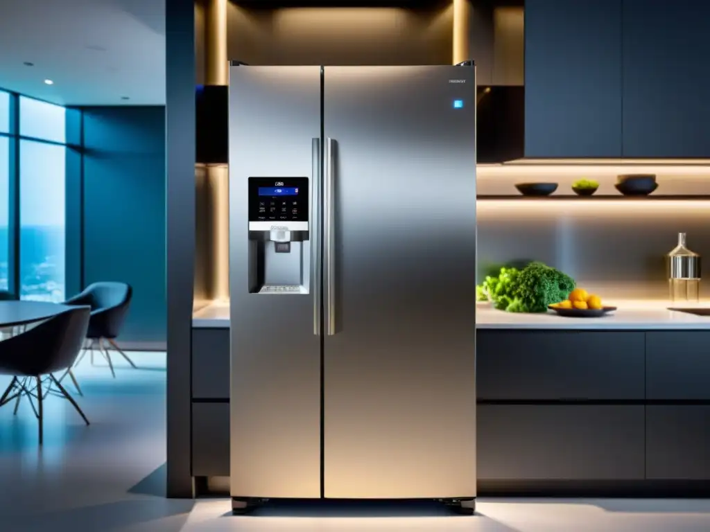 Refrigerador inteligente con pantalla táctil en una cocina moderna y futurista, exudando sofisticación y tecnología