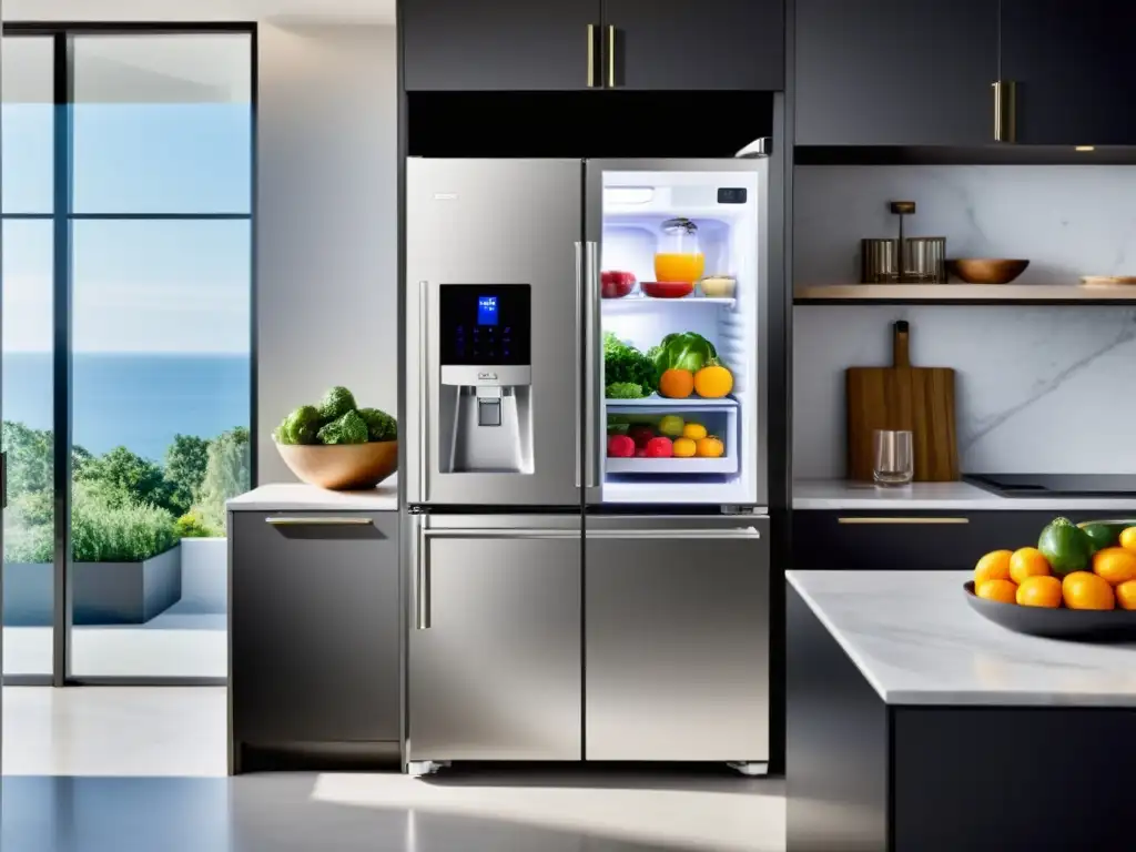 Refrigerador inteligente con pantalla táctil en cocina contemporánea