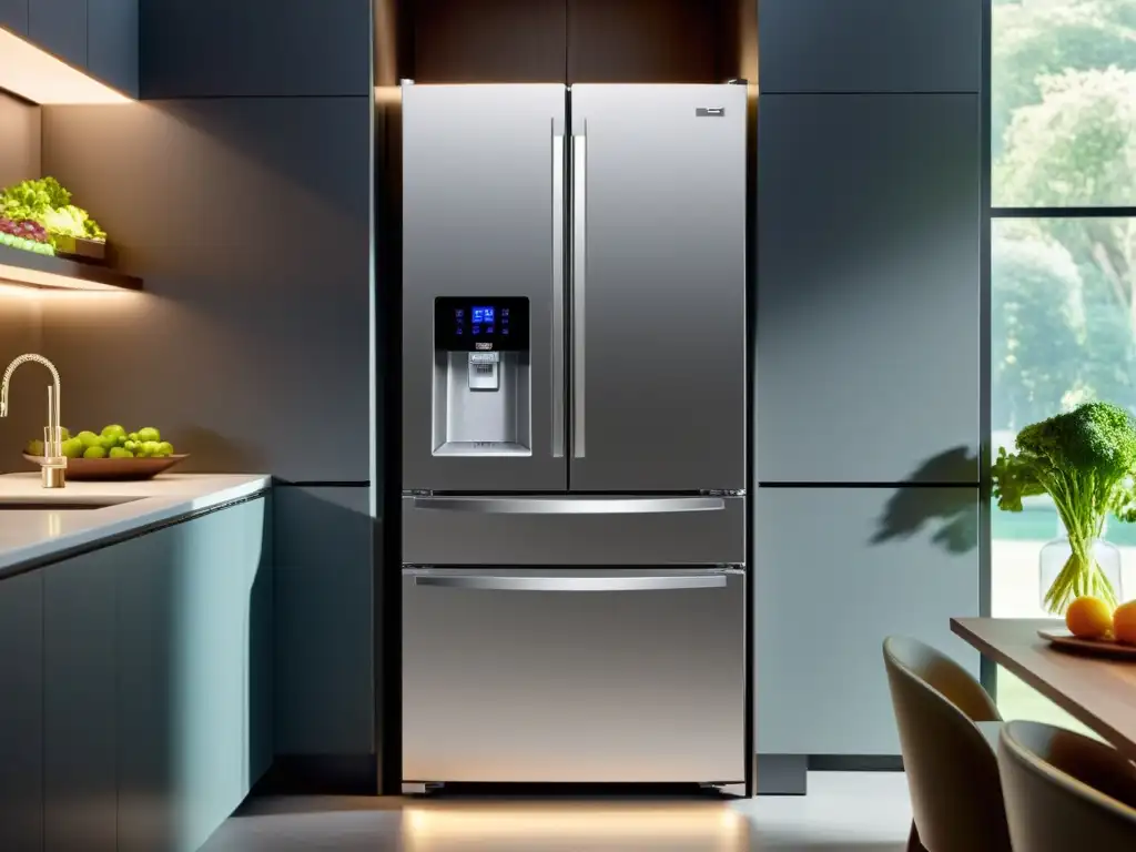 Refrigerador inteligente con pantalla táctil, mostrando funciones de gestión del hogar