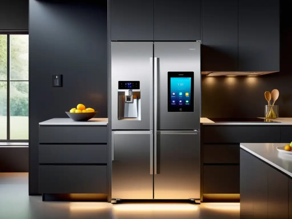 Refrigerador inteligente con pantalla táctil digital, en cocina contemporánea