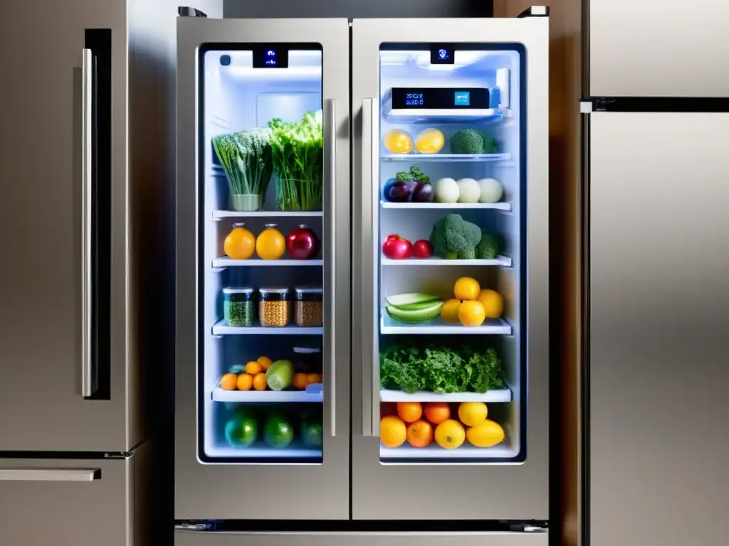 Refrigerador inteligente con pantalla táctil y alimentos frescos