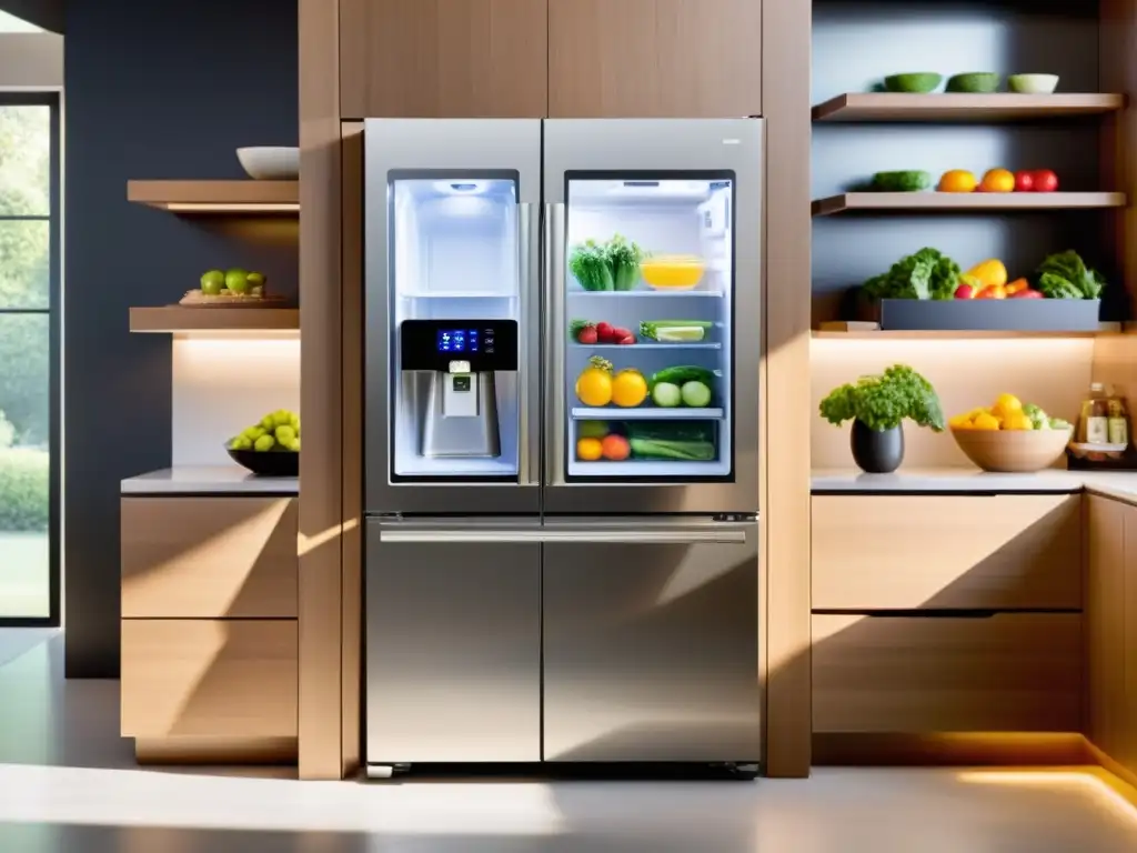 Refrigerador inteligente con pantalla transparente y alimentos frescos organizados, impacto tecnología electrodomésticos economía doméstica