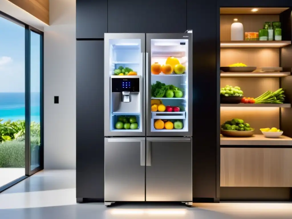 Un refrigerador inteligente con puerta de vidrio, iluminado por LED, exhibiendo productos frescos y bebidas