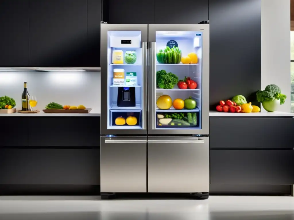 Refrigerador inteligente con tecnología de mantenimiento predictivo, exhibiendo productos frescos y ordenados en su interior