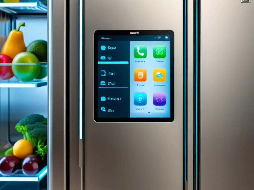 Refrigerador inteligente con tecnologías emergentes en electrodomésticos conectados, pantalla táctil y diseño futurista en metal brillante