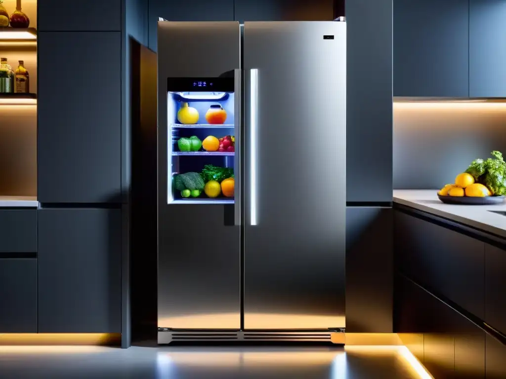 Refrigerador moderno de acero inoxidable con alimentos organizados, iluminación LED y diseño sofisticado para cocinas