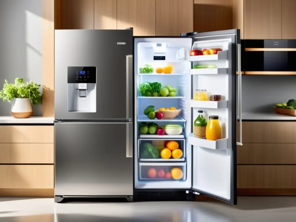 Refrigerador moderno con tecnología Inverter, iluminación LED y alimentos frescos ordenados en estantes