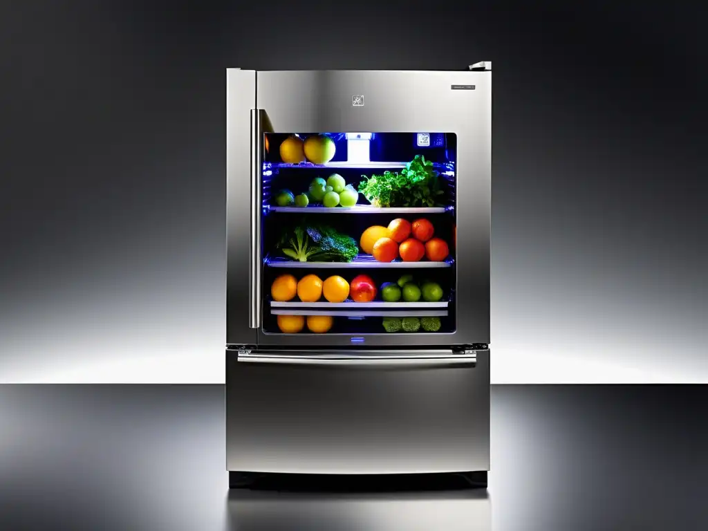 Refrigerador moderno con compartimientos especiales para frutas y verduras, iluminación LED y acabado de acero inoxidable, organizado y vibrante