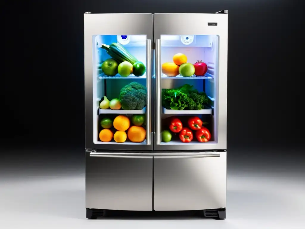 Refrigerador moderno con compartimientos especiales para frutas y verduras, control de humedad ajustable y diseño elegante en acero inoxidable