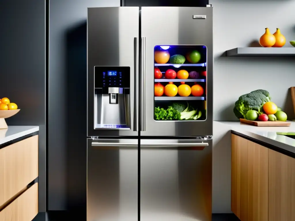 Un refrigerador moderno con diseño eficiente, iluminación LED y control digital de temperatura