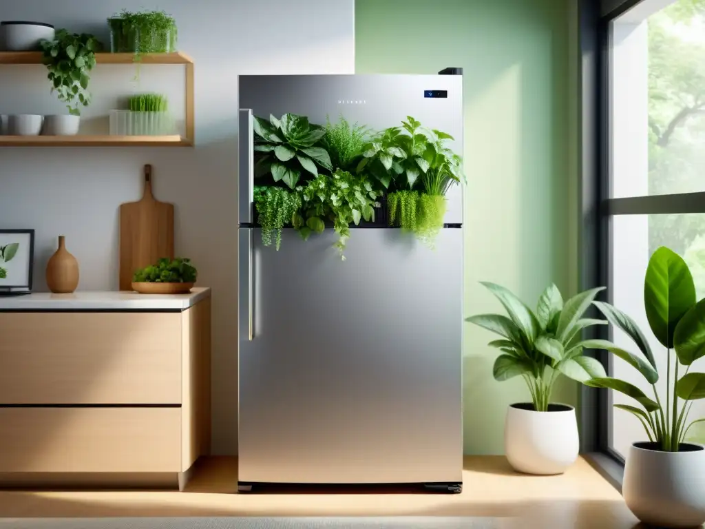 Refrigerador moderno y ecológico con plantas verdes, reciclaje y consumo energético bajo