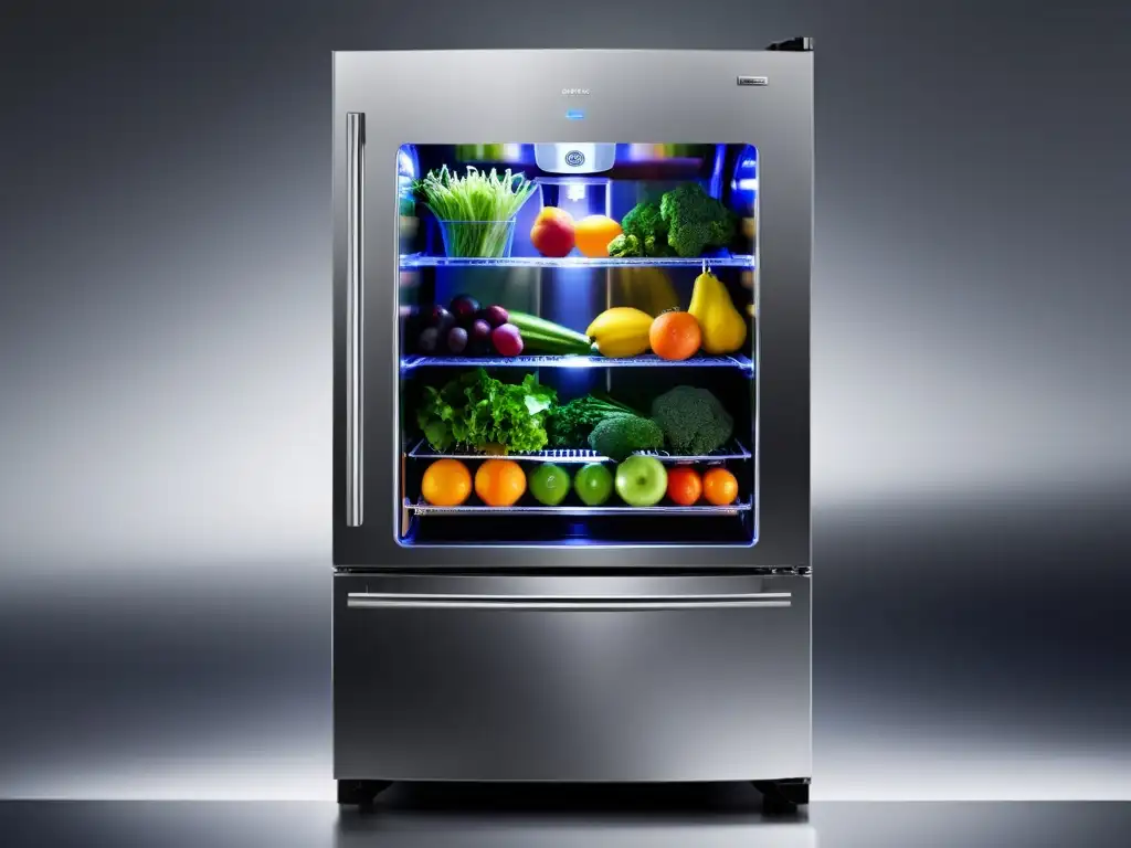 Un refrigerador moderno y eficiente con frutas y verduras coloridas, diseño minimalista y pantalla LED que muestra el consumo energético