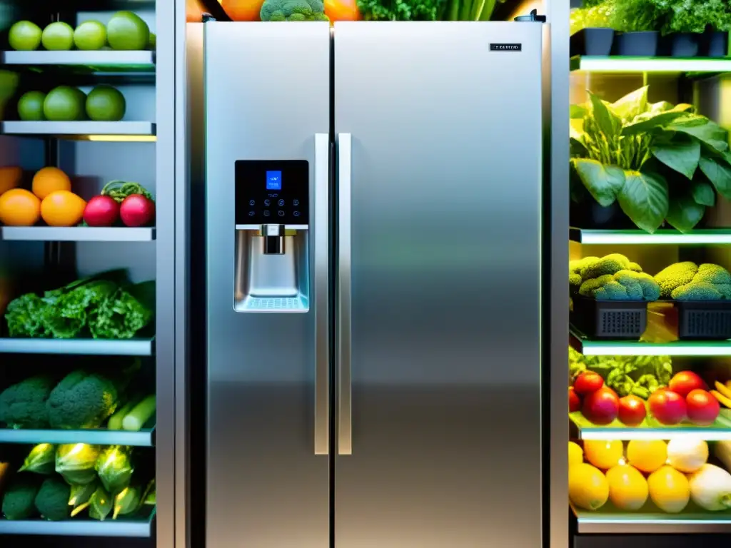 Un refrigerador moderno y eficiente con puerta de vidrio, exhibiendo productos frescos y luces LED suaves