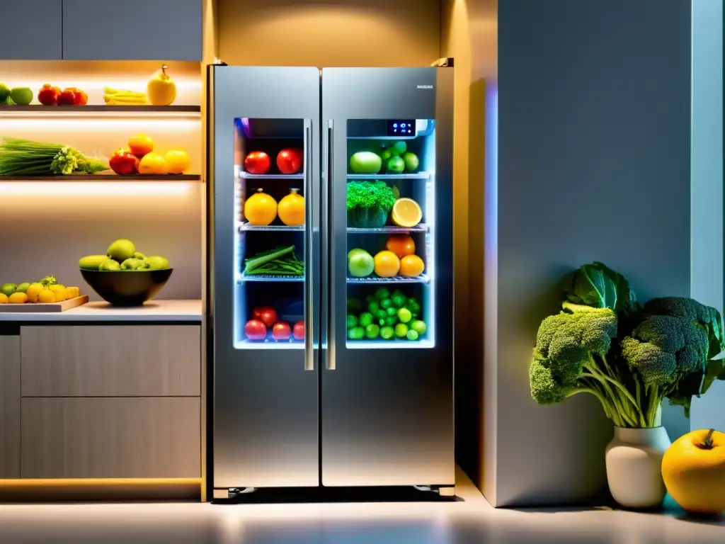 Un refrigerador moderno y elegante con frutas y verduras coloridas, iluminado con LED