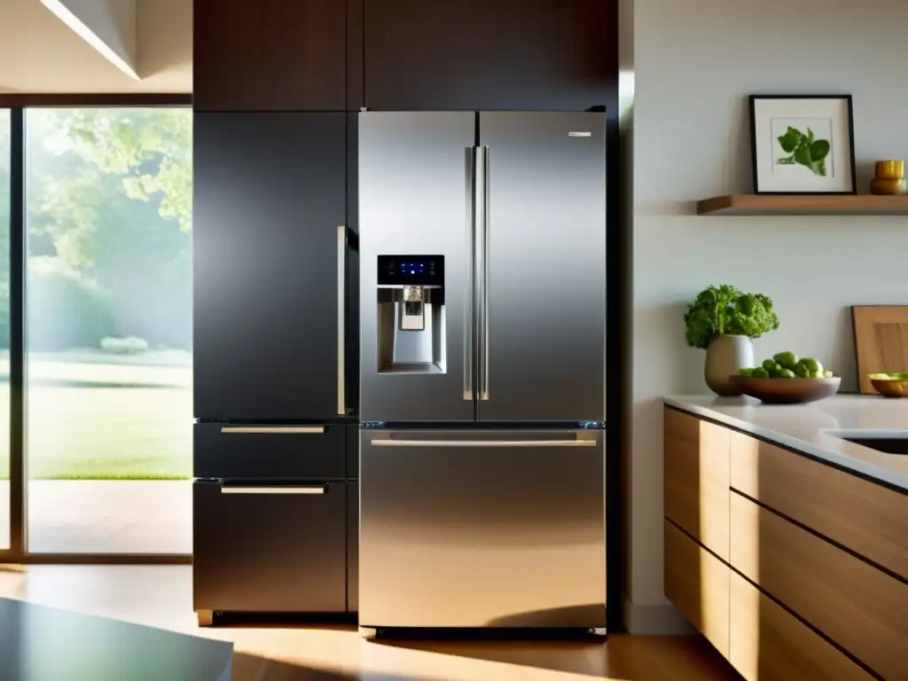 Un refrigerador moderno y elegante con tecnologías de refrigeración eficiente, integrado en una cocina contemporánea y luminosa