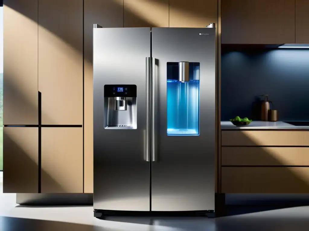 Refrigerador moderno con filtro de agua integrado y diseño sofisticado, iluminado con luz ambiental suave