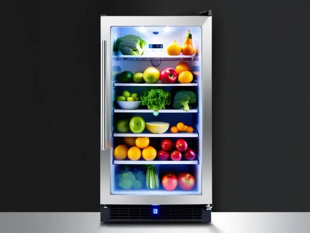 Refrigerador moderno con frutas frescas, verduras y lácteos organizados