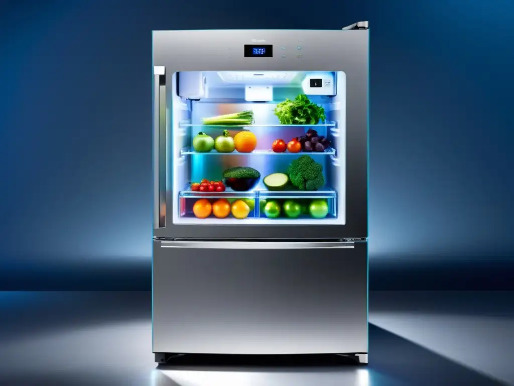 Refrigerador moderno exhibiendo frutas y verduras frescas con tecnología de ionización en refrigeración