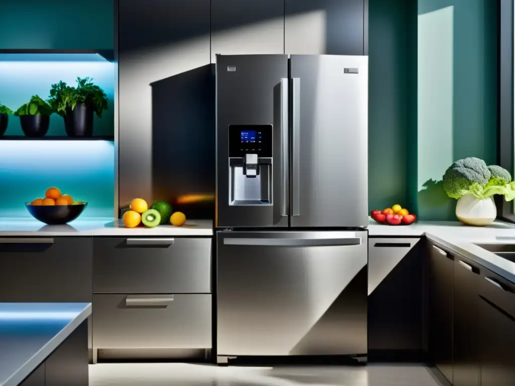 Refrigerador moderno con frutas y verduras, destacando su eficiencia y tecnología para el hogar