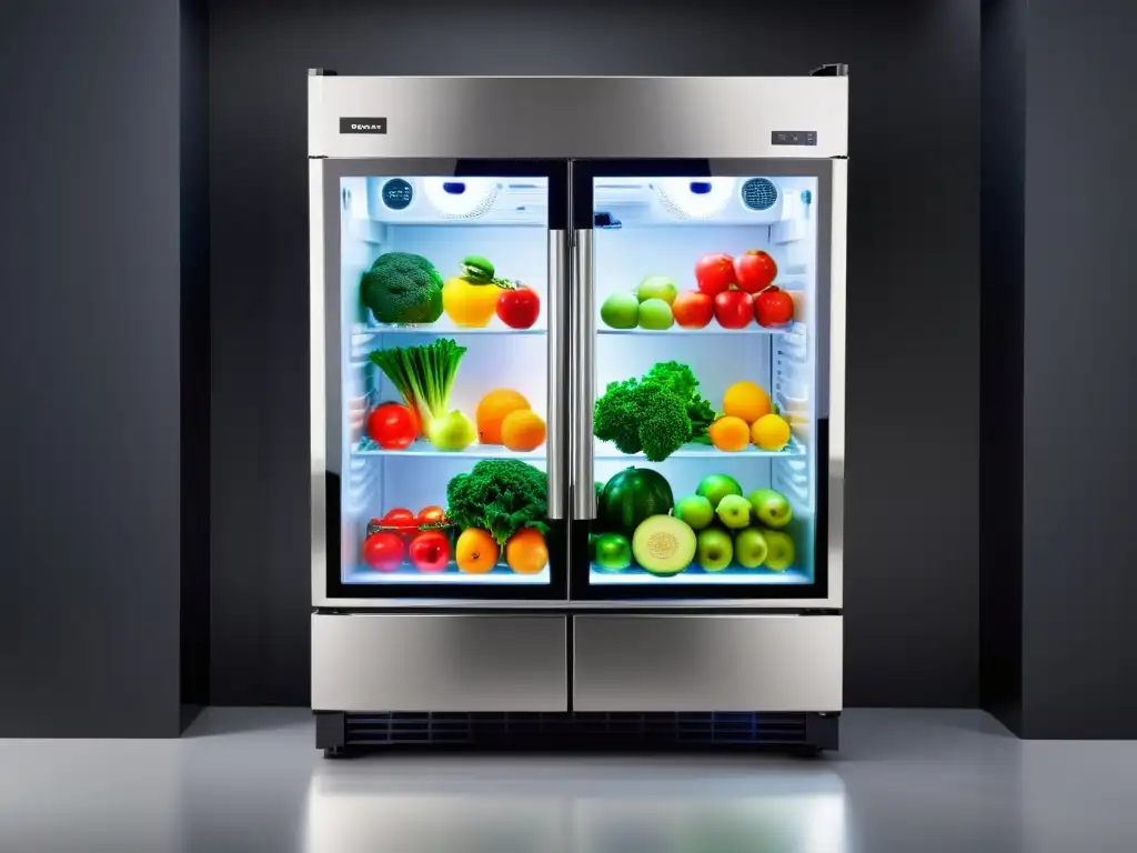 Refrigerador moderno con frutas y verduras frescas destacadas en estantes iluminados, reflejando tecnologías de refrigeración de alimentos frescos