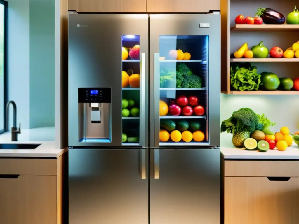 Refrigerador moderno con frutas y verduras frescas, iluminado por luz natural