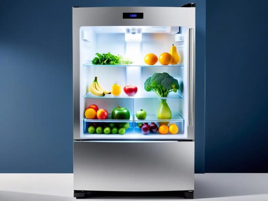 Refrigerador moderno con frutas, verduras y lácteos frescos en tecnología de ionización, luz natural y elegante diseño en acero inoxidable