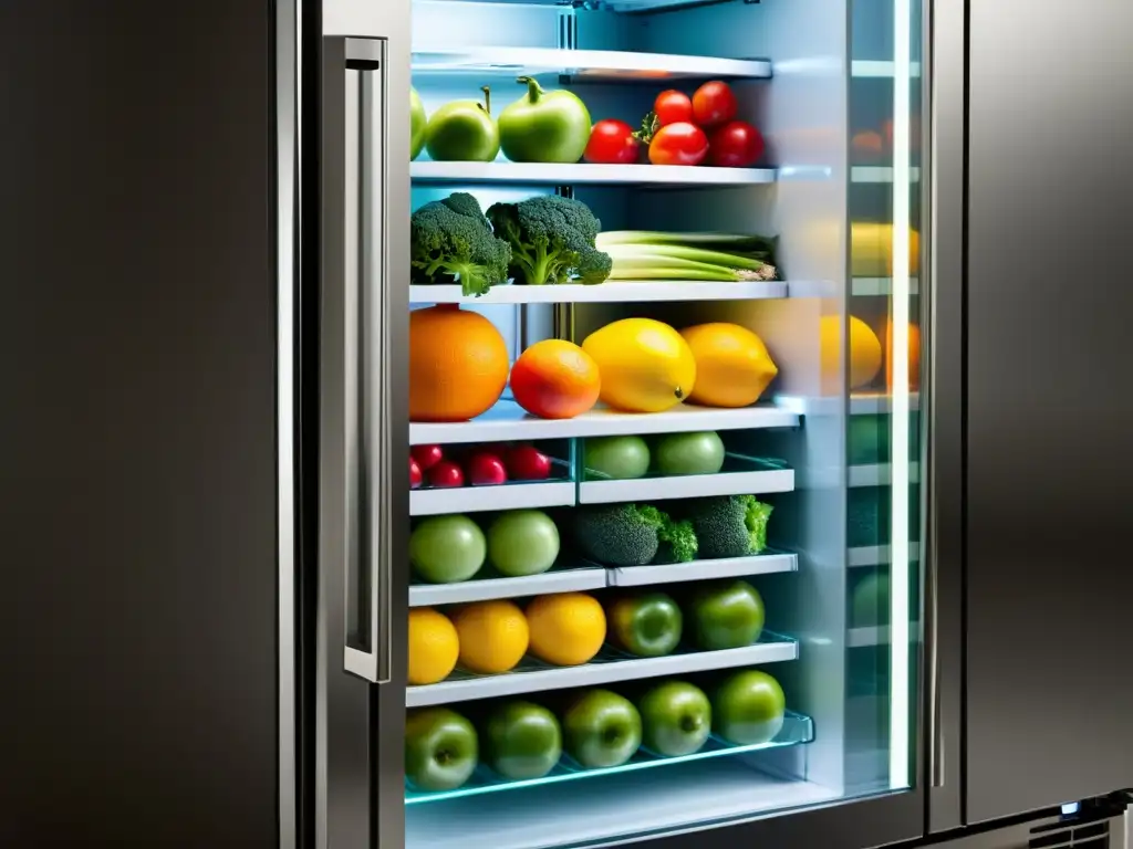 Refrigerador moderno con iluminación suave y compartimientos especiales para frutas y verduras, organizado y atractivo