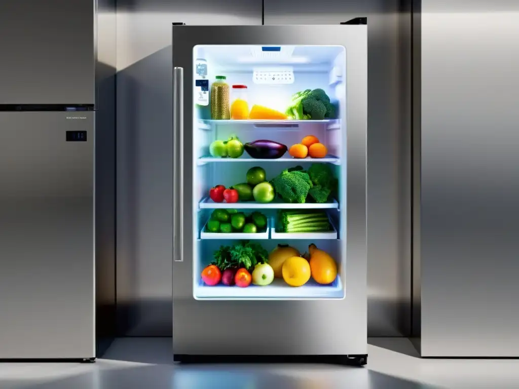 Refrigerador moderno con iluminación LED resaltando alimentos frescos