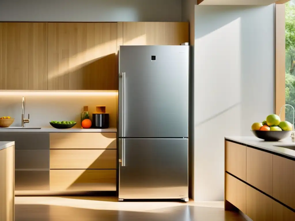 Refrigerador moderno con materiales sostenibles, frutas y verduras frescas en la cocina soleada