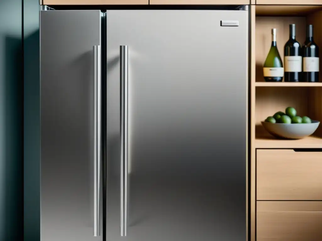 Refrigerador moderno de materiales sostenibles, elegante y sostenible, con iluminación suave resaltando su diseño minimalista