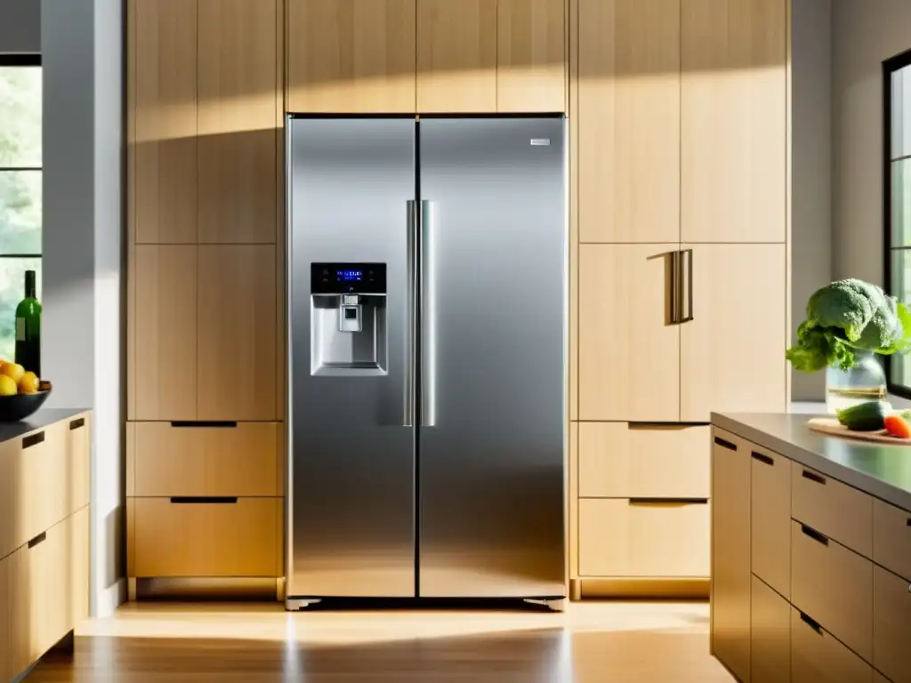 Refrigerador moderno de materiales sostenibles en cocina luminosa con diseño ecofriendly y LED energéticos