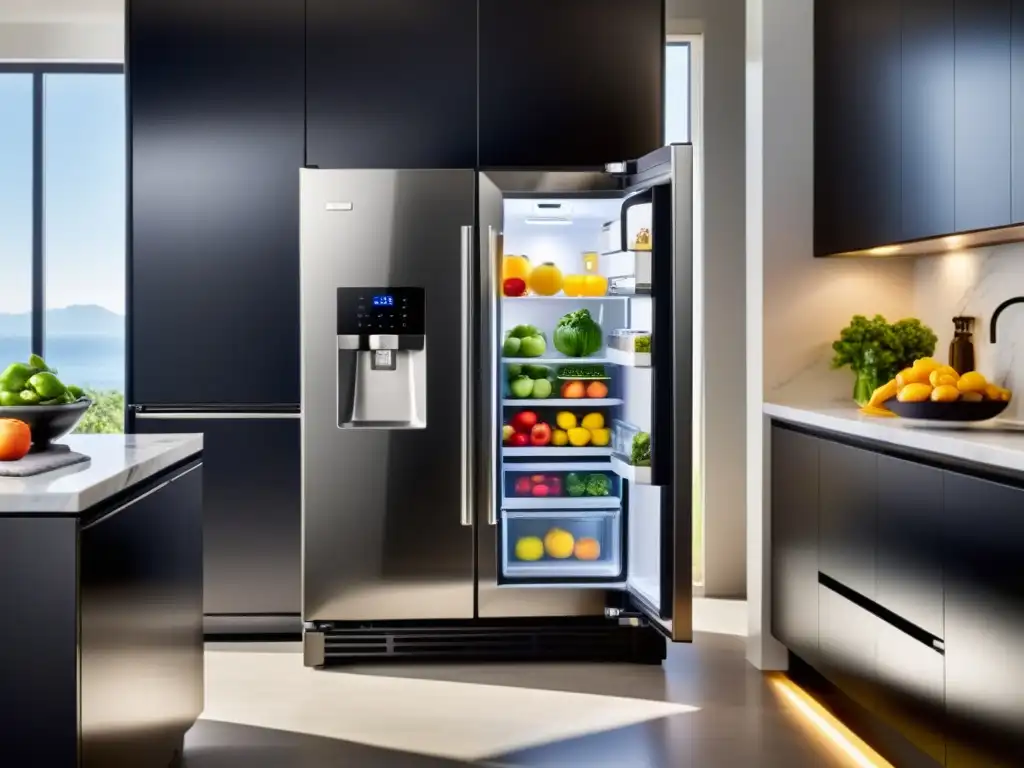 Refrigerador moderno negro con pantalla táctil LED, iluminado en una cocina soleada con electrodomésticos de acero inoxidable y encimeras de mármol