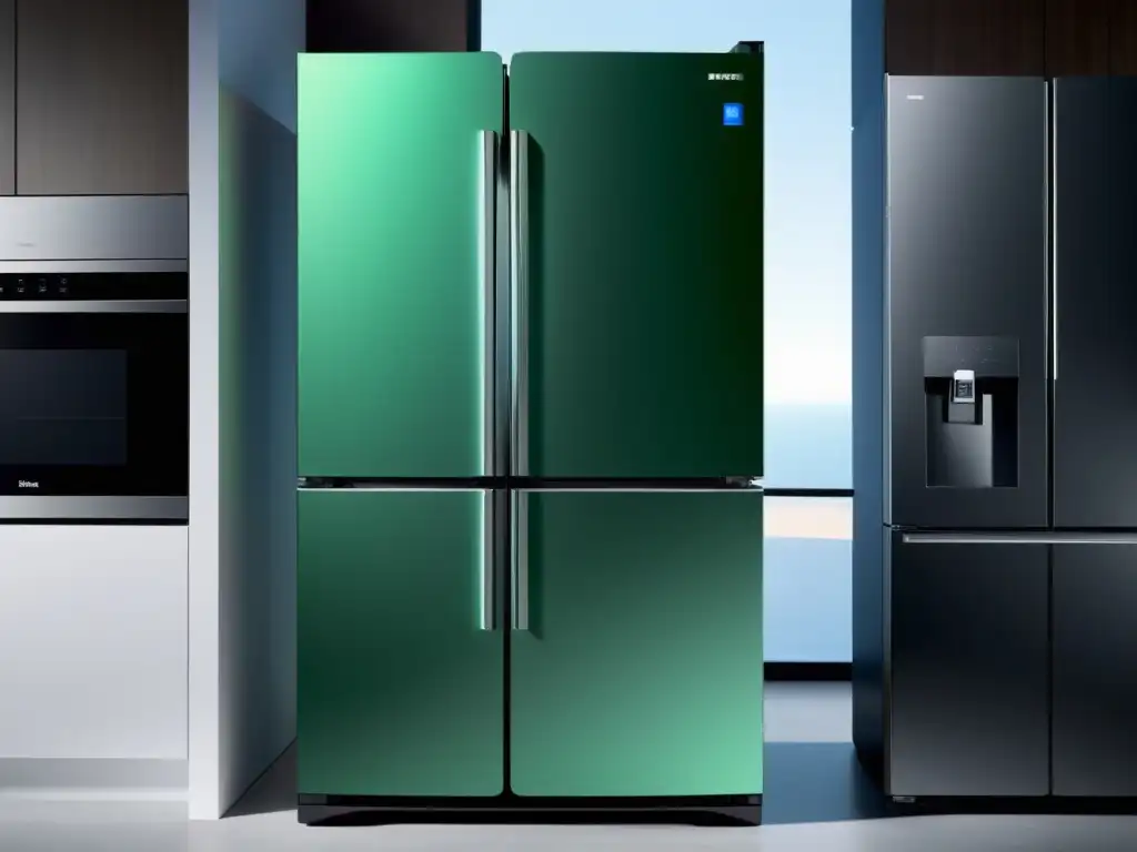 Un refrigerador moderno con pantalla inteligente, integración futurista y diseño vanguardista en una cocina minimalista