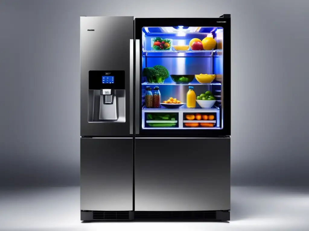 Refrigerador moderno con pantalla táctil en cocina de lujo, exuda sofisticación y conveniencia