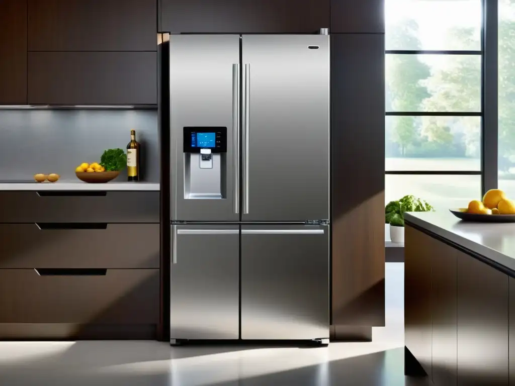 Refrigerador moderno con pantalla táctil integrada y diseño minimalista en una cocina contemporánea