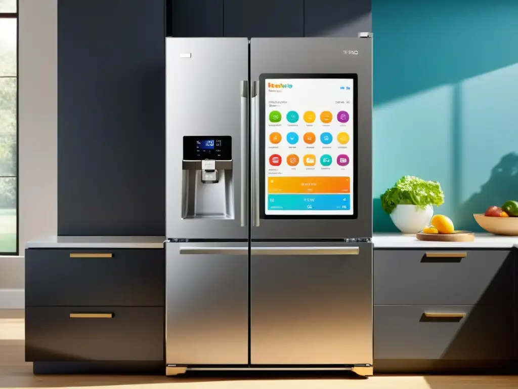 Refrigerador moderno con pantalla táctil, mostrando apps y funciones coloridas en una cocina luminosa y acogedora